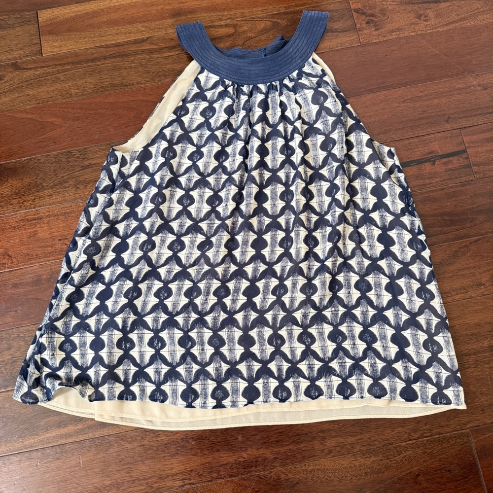 Tory Burch Silk Top Size 12 Navy Ivory Geometric Print Halter Bow Tie Resort